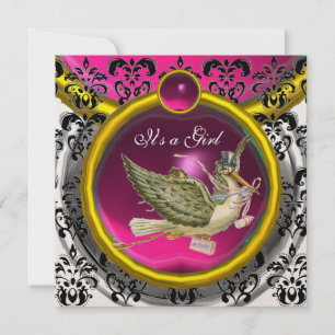 PINK WHITE GOLD DAMASK STORK BABY SHOWM MONOGRAM EINLADUNG