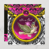 PINK WHITE GOLD DAMASK STORK BABY SHOWM MONOGRAM EINLADUNG (Vorne/Hinten)