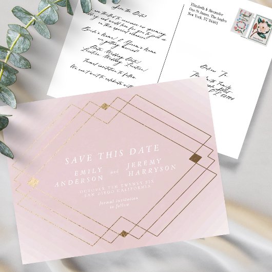 Pink White Gold Deko Lines Save the Date Hochzeit Postkarte