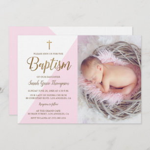 Pink White Gold Taufe Baby Girl Foto Einladung