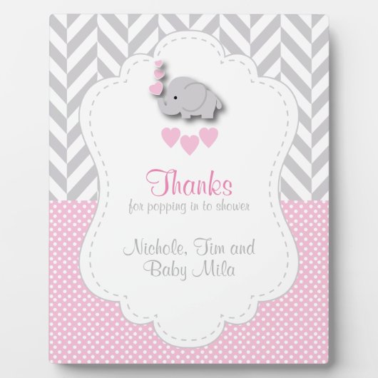 Pink, White Gray Elephant Baby Dusche Danke Fotoplatte (Vorderseite)