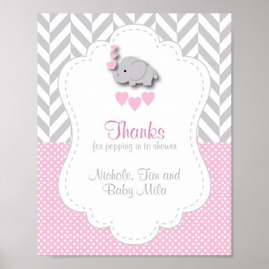 Pink, White Gray Elephant Baby Dusche Danke Poster (Vorne)