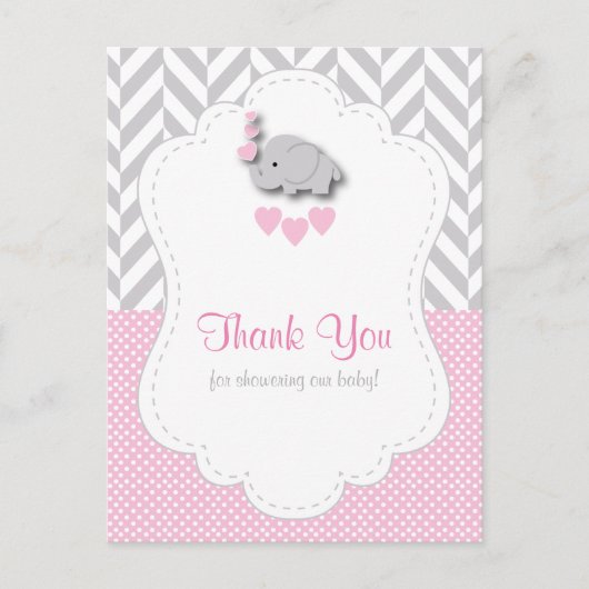 Pink, White Gray Elephant Baby Dusche Danke Postkarte (Vorderseite)