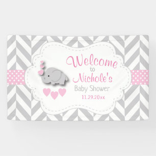 Pink, White Gray Elephant Baby Dusche Empfang Banner