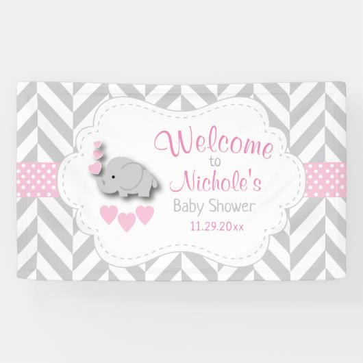 Pink, White Gray Elephant Baby Dusche Empfang Banner (Horizontal)