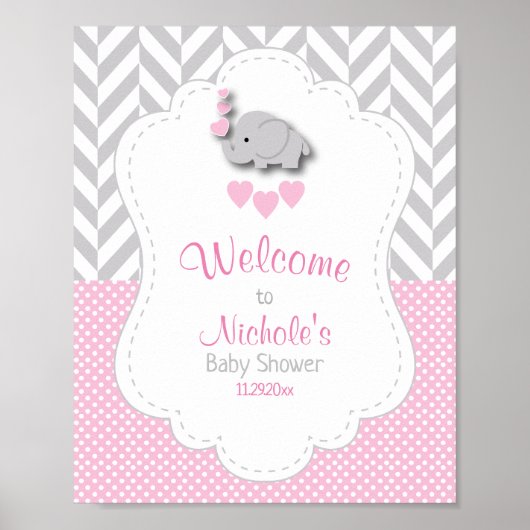 Pink, White Gray Elephant Baby Dusche Empfang Poster (Vorne)