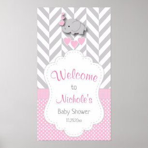 Pink, White & Gray Elephant Baby Dusche Empfang Poster