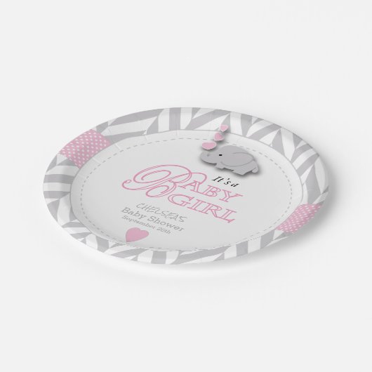 Pink, White Gray Elephant Babydusche Pappteller (Schrägansicht)