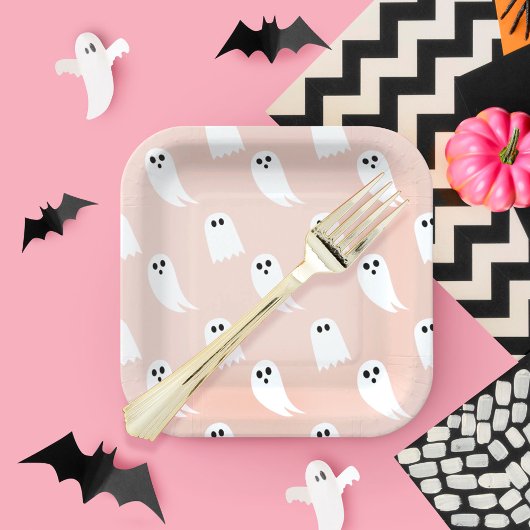 Pink & White Halloween Ghost & Patternpapier Pappteller