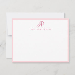 Pink White Hand Script Name Monogram Simple Mitteilungskarte
