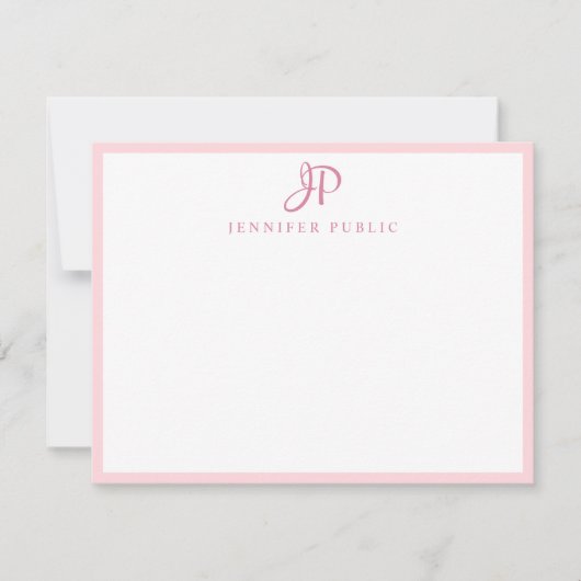 Pink White Hand Script Name Monogram Simple Mitteilungskarte (Vorderseite)