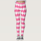Pink White Harlequin Diamonds Schachbretts Design Leggings (Vorderseite)