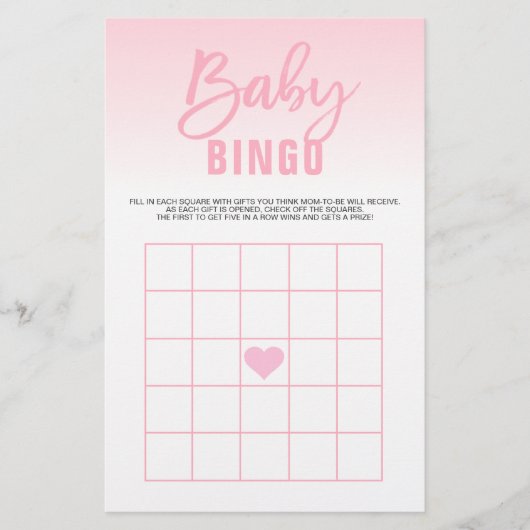 Pink White Heart Girl Baby Dusche BINGO Karten (Vorne)