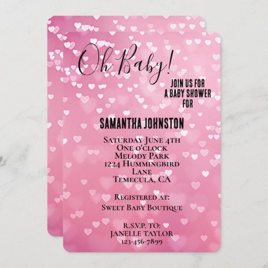 Pink White Hearts Baby Dusche Einladung (Vorne/Hinten)