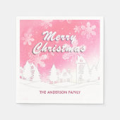 Pink White House Schneeflocken Frohe Weihnachten Serviette (Vorderseite)