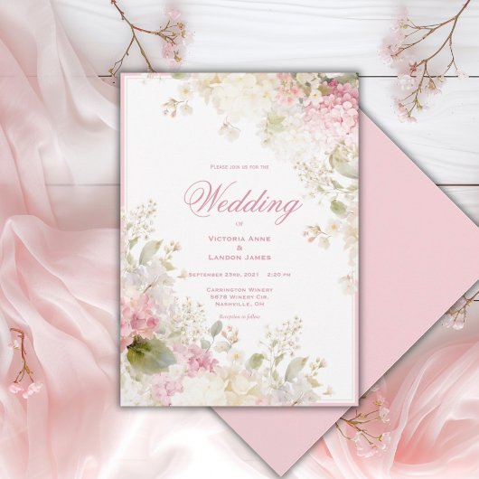 Pink White Hydrangeas Elegant Wedding Invitation Einladung