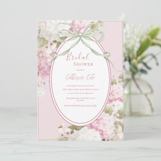 Pink White Hydrangeas Sage Green Bridal Shower Einladung (Stehend Vorderseite)