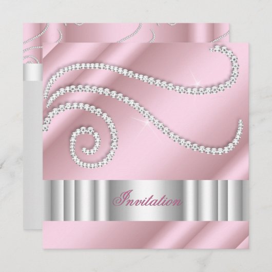 Pink White Jewel Diamanten Silver Birthday Party Einladung (Vorne/Hinten)