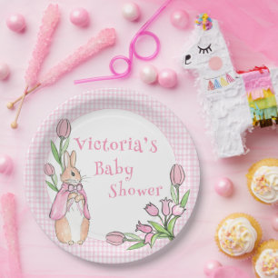 Pink White Kariert Bunny Baby Dusche Pappteller