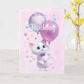 Pink White Kitten with Balloons Birthday Karte (Gelbe Blume)
