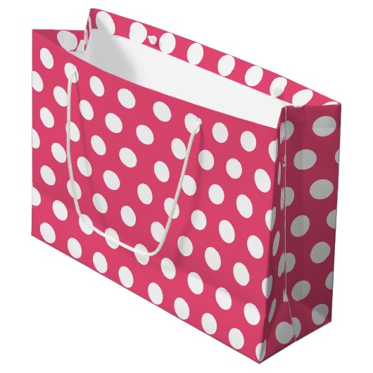 Pink & White Large Medium Polka Dot Party Große Geschenktüte (Vorderseite Schrägansicht)