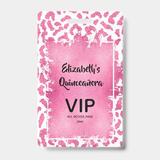 Pink White Leopard Quinceañera Einladen VIP Pass Ausweis (Vorderseite)