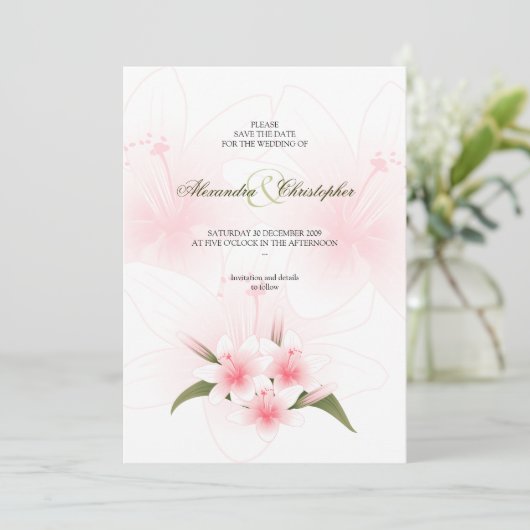 Pink & White Lilies Hochzeit speichern das Datum A Save The Date (Stehend Vorderseite)