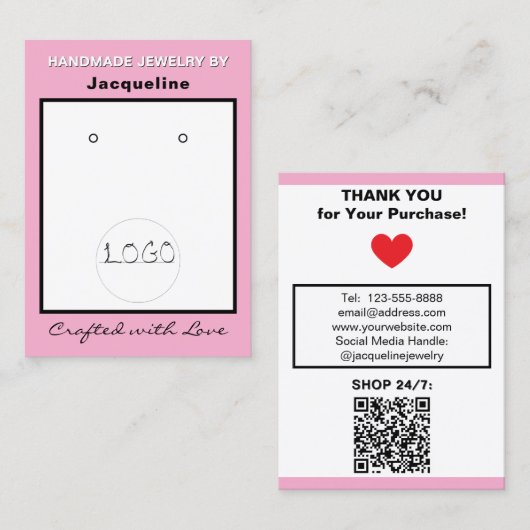 Pink White Logo Jewelry Earrings QR Code Visitenkarte (Vorne/Hinten)