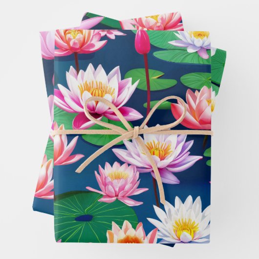 Pink White Lotus Water Lily Flowers & Green Leaves Geschenkpapier Set (Beispiel)