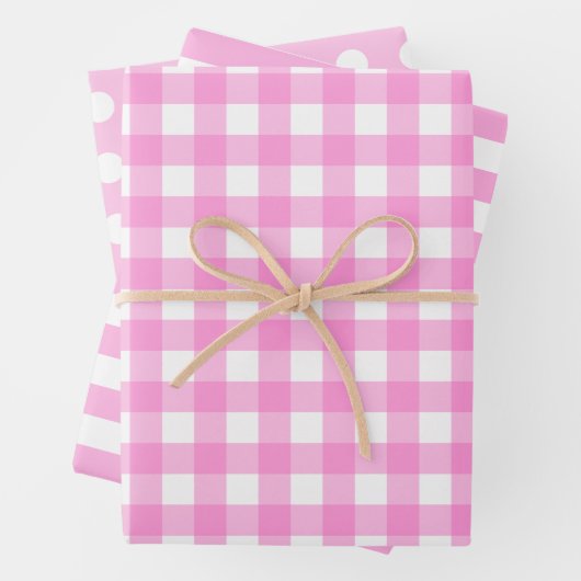 Pink White Matching Patterns Gingham Dots Strip Geschenkpapier Set (Beispiel)