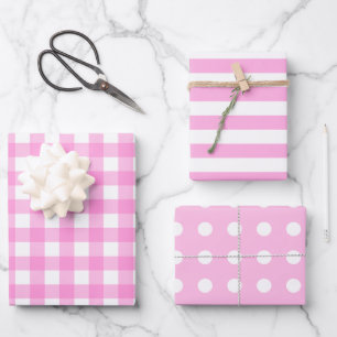 Pink White Matching Patterns Gingham Dots Strip Geschenkpapier Set