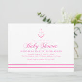 Pink & White Nautical Baby Dusche laden ein Einladung (Stehend Vorderseite)