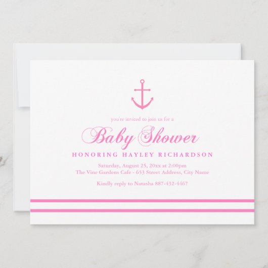 Pink & White Nautical Baby Dusche laden ein Einladung (Vorderseite)