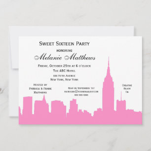 Pink White NYC Skyline Silhouette 16 . Geburtstag Einladung