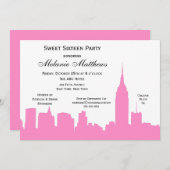 Pink White NYC Skyline Silhouette 16 . Geburtstag Einladung (Vorne/Hinten)
