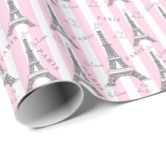 Pink | White Paris Eiffel Tower Geschenkpapier (Rolleneckpunkt)