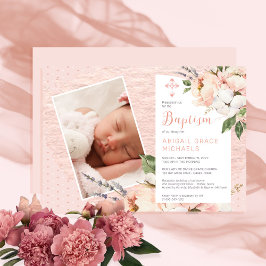Pink | White Peony Blooms Girl Baby Foto Taufe Einladung