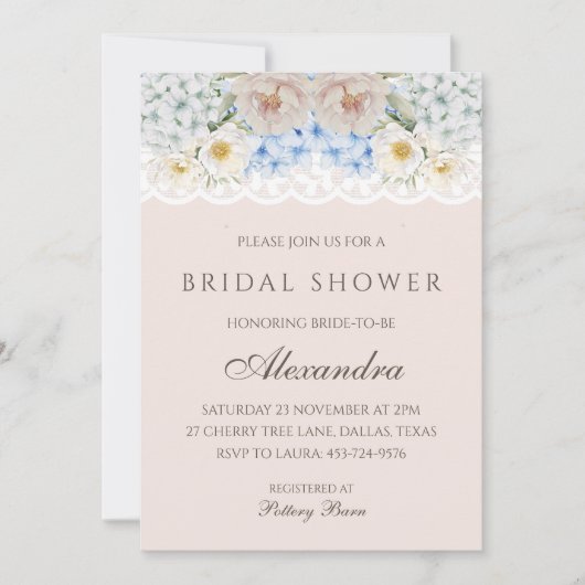 Pink White Peony Blue Hydrangea Brautparty Einladung (Vorderseite)