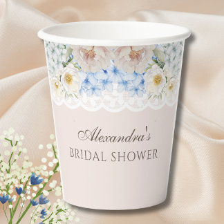 Pink White Peony Blue Hydrangea Brautparty Pappbecher