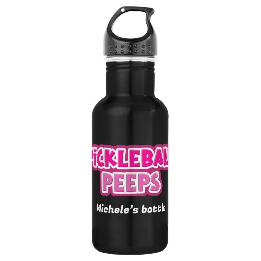 Pink White Pickleball Peeps Group mit Name Edelstahlflasche (Vorderseite)