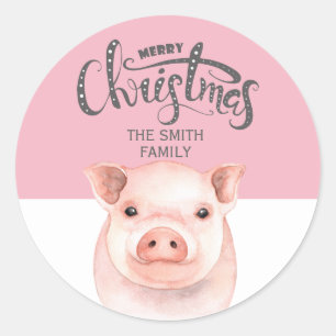 Pink White Pig Frohe Weihnachtsfamilie Name Runder Aufkleber