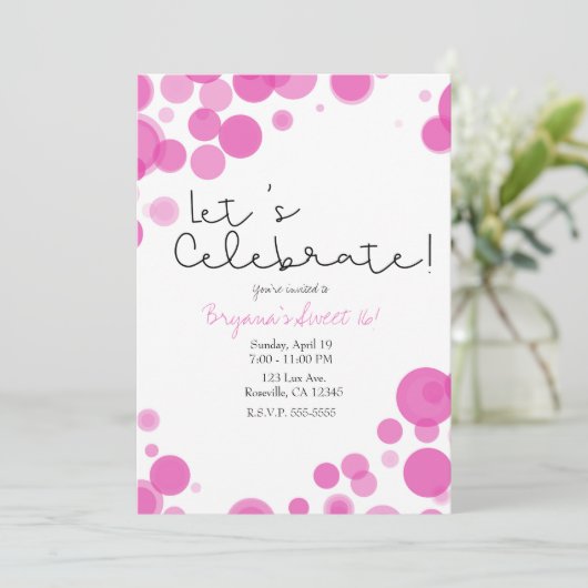 Pink White Polka Dot Bubbles Feiern wir Party Einladung (Stehend Vorderseite)