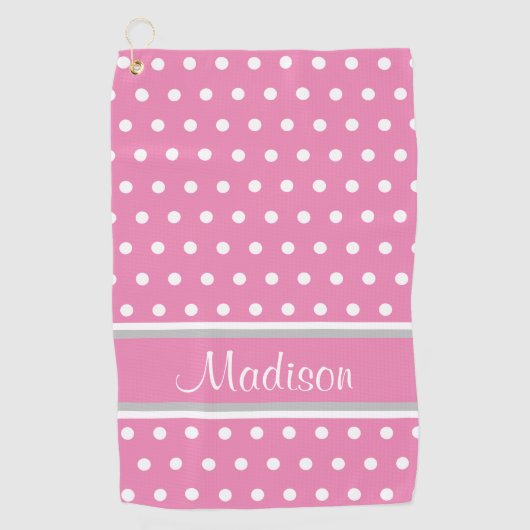 Pink White Polka Dot Gray Strip Skript Name Golfhandtuch (Vorderseite)