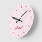 Pink White Polka Dot Individuelle Name Kinder Kind Runde Wanduhr (Winkel)