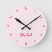 Pink White Polka Dot Individuelle Name Kinder Kind Runde Wanduhr (Vorderseite)
