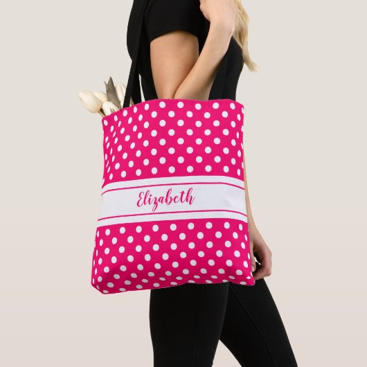 Pink White Polka Dot Muster Name Tasche (Von Nahem)