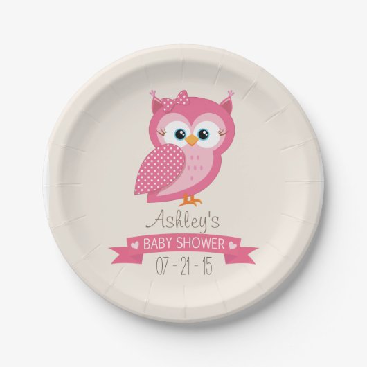 Pink & White Polka Dot Owl Babydusche Pappteller (Vorderseite)