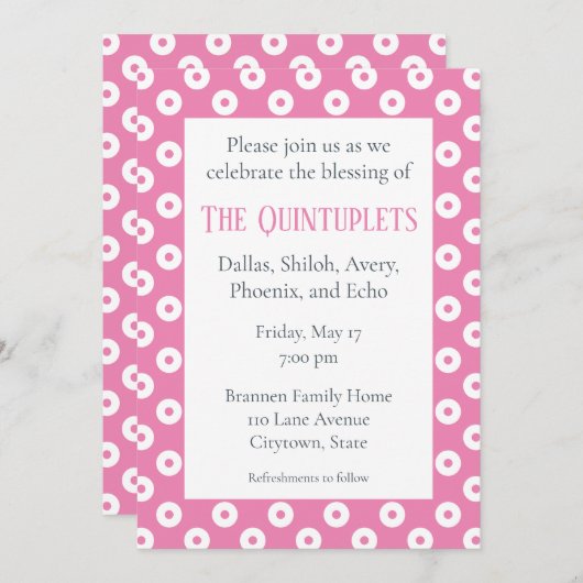 Pink & White Polka-Dots Multiple Baby Sessing Inv. Einladung (Vorne/Hinten)