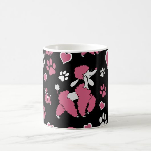 Pink White Poodle Muster auf schwarzem Hintergrund Kaffeetasse (Mittel)