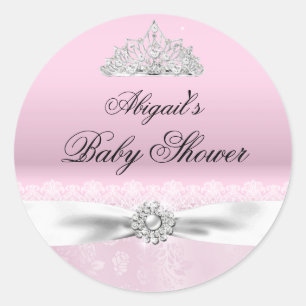 Pink & White Prinzessinnen-Tiara-Baby-Shower-Aufkl Runder Aufkleber
